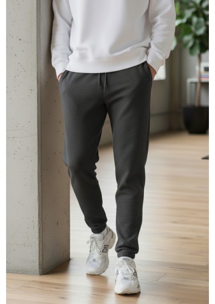 Pamuklu Erkek Jogger Eşofman Altı Antrasit Regular Rahat Kalıp Ipli Cepli Relax Fit Yumuşak 3 Iplik