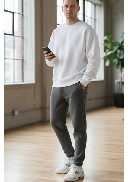 Pamuklu Erkek Jogger Eşofman Altı Antrasit Regular Rahat Kalıp Ipli Cepli Relax Fit Yumuşak 3 Iplik