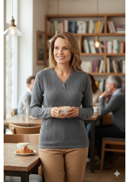 Kadın Yünlü Örme Triko Anne Kazak Elmas Desenli Iki Düğmeli fırsatları