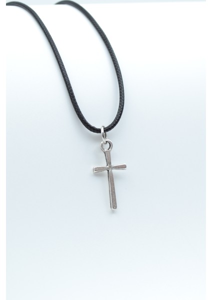 Minimal Haç Gümüş Kaplama Deri İp Kolye