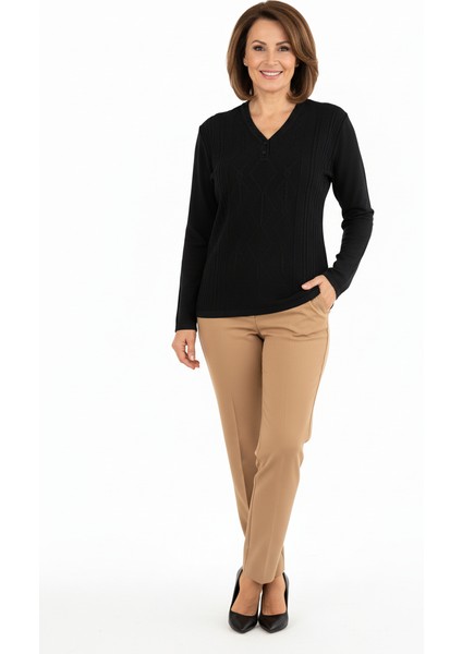 Kadın Yünlü Örme Triko Anne Kazak Elmas Desenli Iki Düğmeli