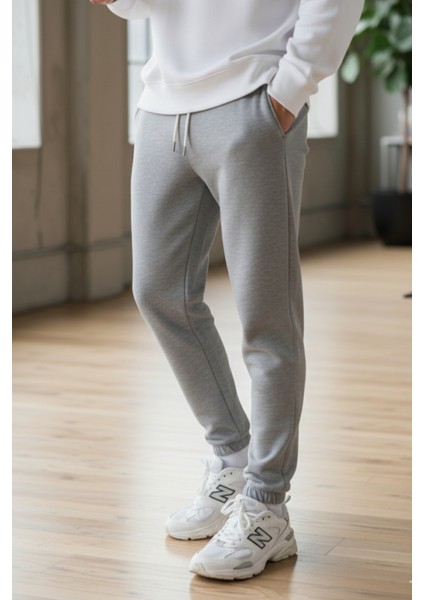 Pamuklu Erkek Jogger Eşofman Altı Gri Relax Fit Ipli Cepli Regular Rahat Kalıp Yumuşak Tuşe 3 Iplik