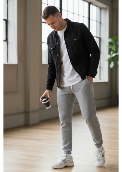 Pamuklu Erkek Jogger Eşofman Altı Gri Relax Fit Ipli Cepli Regular Rahat Kalıp Yumuşak Tuşe 3 Iplik