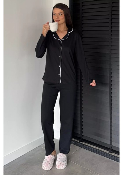 Kadın Ön Düğmeli Uzun Kol Düz Renk Pijama Takımı P-00018727