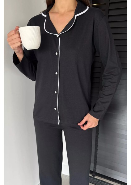 Kadın Ön Düğmeli Uzun Kol Düz Renk Pijama Takımı P-00018727 fiyatları