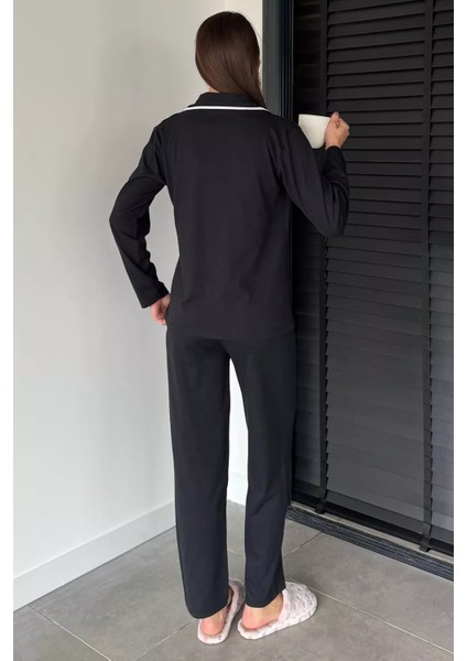 Kadın Ön Düğmeli Uzun Kol Düz Renk Pijama Takımı P-00018727 fırsatları