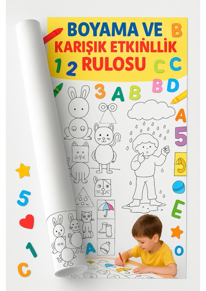 Okul Öncesi Eğitici Boyama Rulosu – Harf, Sayı, Şekil, Çizgi ve Eşleştirme Etkinlikleri (30X500 Cm) Rulo Kağıt