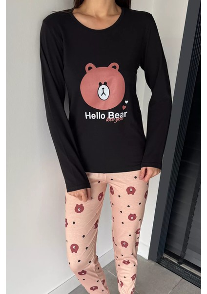 Kadın Bisiklet Yaka Baskılı Uzun Kol Pijama Takımı P-00018753