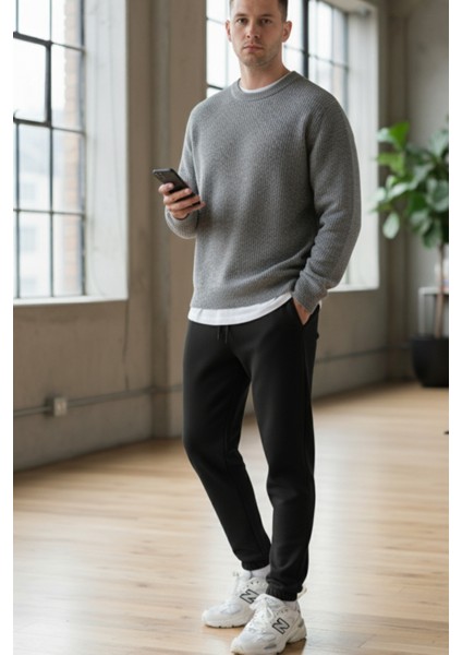 Pamuklu Erkek Siyah Eşofman Altı Jogger Bağcıklı Cepli Relax Fit Rahat Kalıp Yumuşak Tuşe 3 Iplik