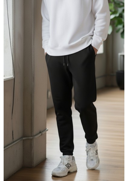 Pamuklu Erkek Siyah Eşofman Altı Jogger Bağcıklı Cepli Relax Fit Rahat Kalıp Yumuşak Tuşe 3 Iplik