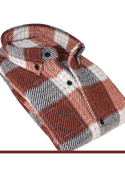 Erkek Kiremit Rengi Oduncu Gömlek – Kışlık Kalın Kareli Cepli Geniş Kesim Trend Gömlek Model