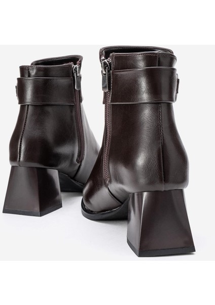 Taşlı Tokalı Küt Burunlu Topuklu Bot KAHVE CİLT fırsatları