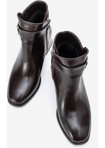 Taşlı Tokalı Küt Burunlu Topuklu Bot KAHVE CİLT indirimleri