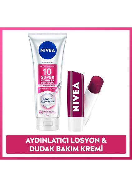 SPF15 SUPER10 Aydınlatıcı,nemlendirici Vücut Losyonu 170ML ve Böğürtlen Dudak Bakım Kremi,bakım Seti