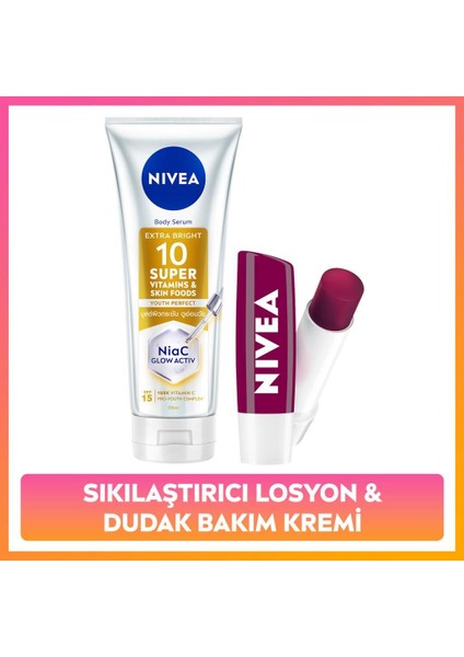 SPF15 SUPER10 Aydınlatıcı,sıkılaştırıcı Vücut Losyonu 170ML ve Böğürtlen Renkli Dudak Bakım Kremi