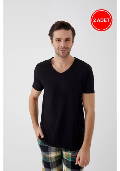 Erkek Pamuklu V Yaka Kısa Kollu Tişört 2 Adet