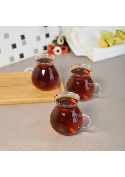 3' Lü Borosilikat Cam Çay Bardağı /şık Tasarım / Rahat Kulplu - Keyfi Ala