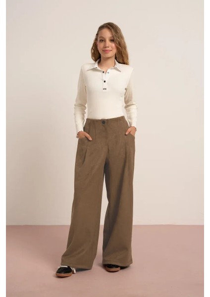 Kız Çocuk 7841 Düz Süet Belden Pileli Pantolon