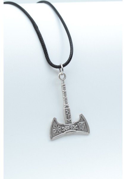 Viking Run Sembol Balta Gümüş Kaplama Deri İp Kolye