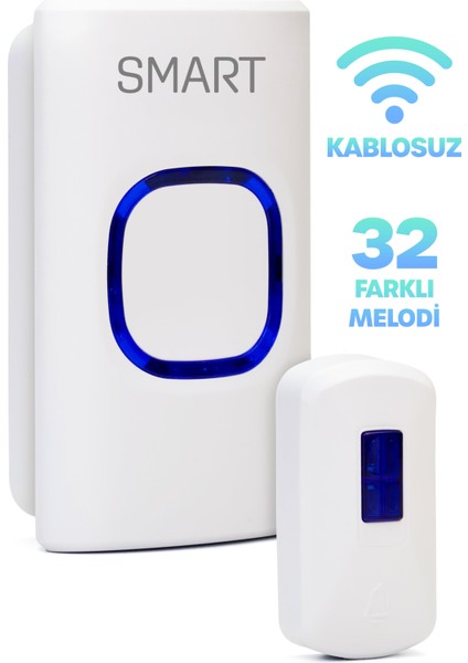 Kablosuz Uzaktan Kumanda Kapı Zili Işıklı Uzun Menzilli Pilli 32 Farklı Melodili Beyaz 9389