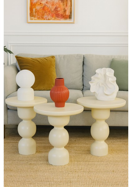 Modern Krem Mantar Sehpa 3’lü Set – Doğal Ahşap Zigon Takımı