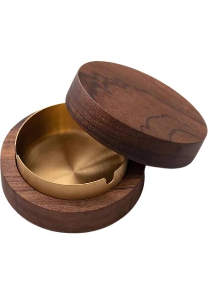 Paslanmaz Çelik Yuvarlak Ultra Şık Küllük, Kapaklı Ceviz Ağacı Paslanmaz Çelik Kül Tablası