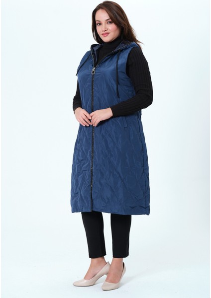 Billur Kadın Büyük Beden Astarlı Kapüşonlu Kapitone Yelek