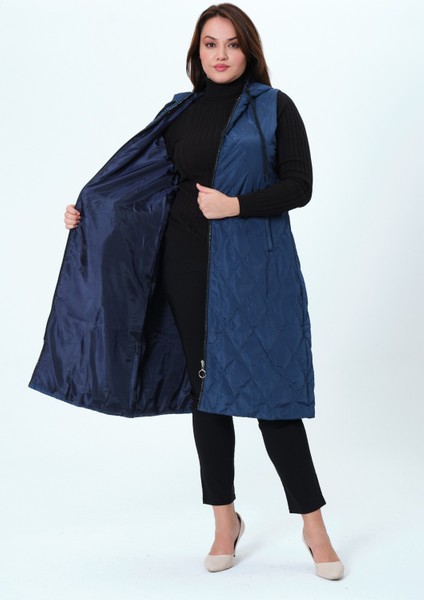 Billur Kadın Büyük Beden Astarlı Kapüşonlu Kapitone Yelek modelleri