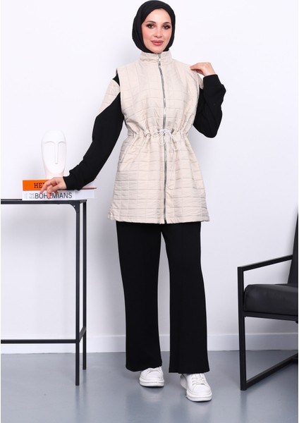 Taş Kapitone Yelek Tunik Pantolonlu Üçlü Takım