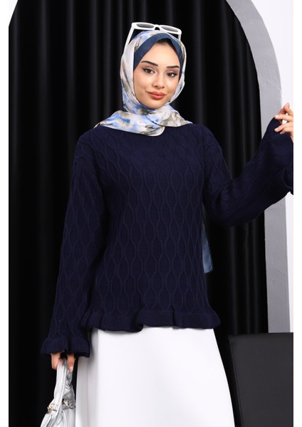 Lacivert Bel Ve Kol Ucu Fırfırlı Triko Kazak