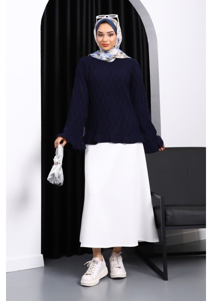 Lacivert Bel Ve Kol Ucu Fırfırlı Triko Kazak fiyatları