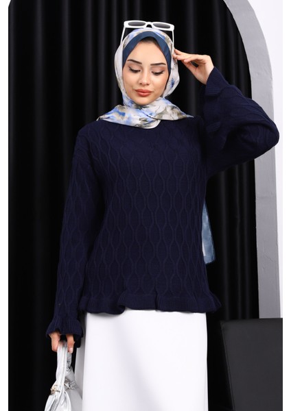 Lacivert Bel Ve Kol Ucu Fırfırlı Triko Kazak modelleri