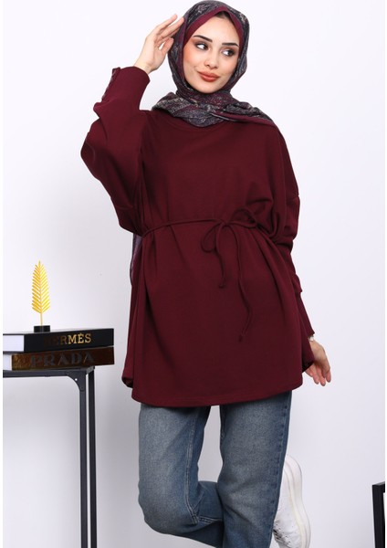 Bordo Düğme Detaylı Oversize Sweatshirt