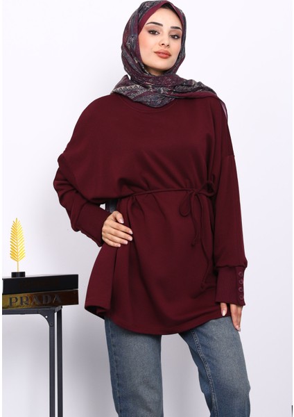 Bordo Düğme Detaylı Oversize Sweatshirt modelleri