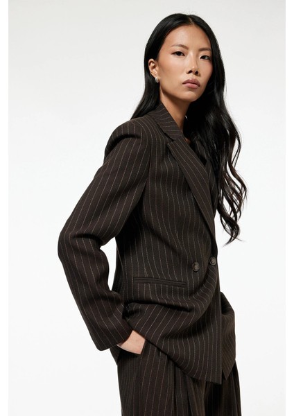 Kadın Koton x Sibil Çetinkaya - Uzun Kollu Cepli Çizgili Kruvaze Blazer Ceket 6WAK50069PW fiyatları