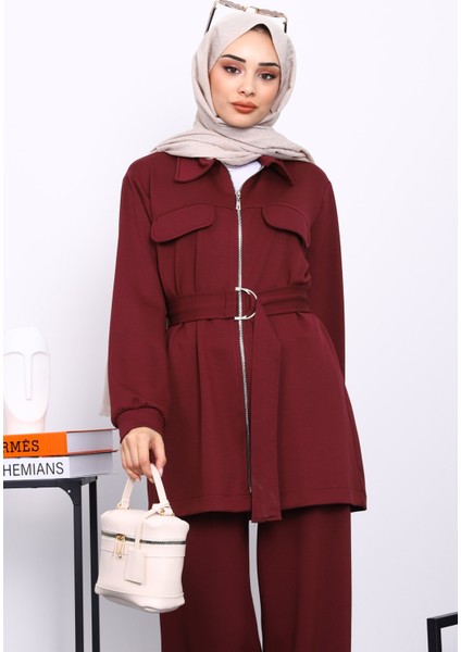 Bordo Sahte Cepli Bel Kuşaklı Modal Takım modelleri