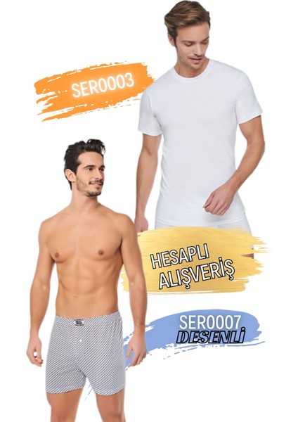 Erkek Sıfır Yaka Penye Atlet ve Desenli Boxer Takım 6'lı Set (12 Parça) SER0003 - SER0007