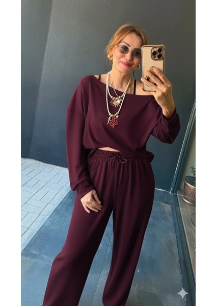 Kadın Uzun Kollu Tek Omuzdan Açık Viskon Iki Iplik Bluz ve Pantolon Ikili Takım