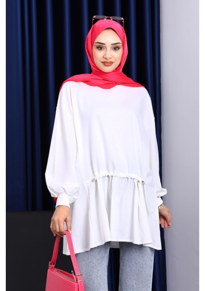 Ekru Büzgü Detaylı Garnili Tunik