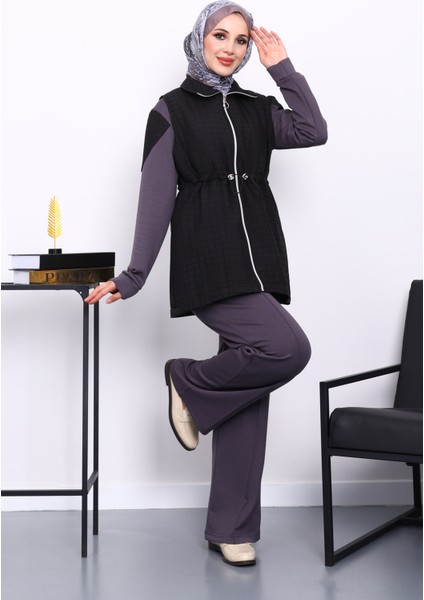 Füme Kapitone Yelekli Tunik Pantolonlu 3 Lü Takım modelleri