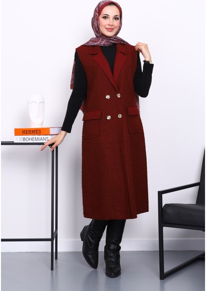 Bordo Düğmeli Uzun Buklet Yelek fiyatları