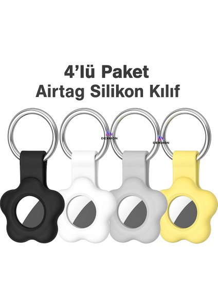 Airtag Uyumlu 4’lü Silikon Kılıf Seti Çiçek Desenli Anahtarlık Halkalı Koruyucu Kap Arkası Kapalı Düşmez