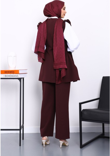 Bordo Gömlek Yelek Pantolonlu Üçlü Takım fırsatları