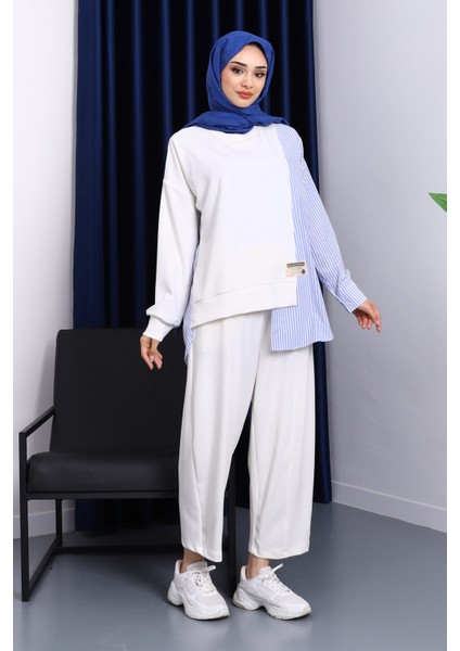 Ekru Garnili Tunik Pantolonlu Çizgili Takım fiyatları