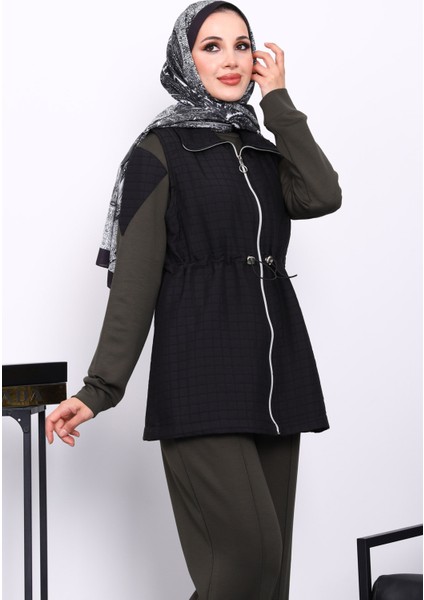 Haki Kapitone Yelekli Tunik Pantolonlu 3 Lü Takım modelleri