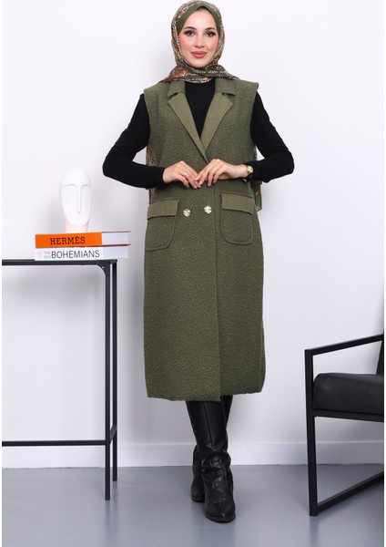 Haki Düğmeli Uzun Buklet Yelek fiyatları