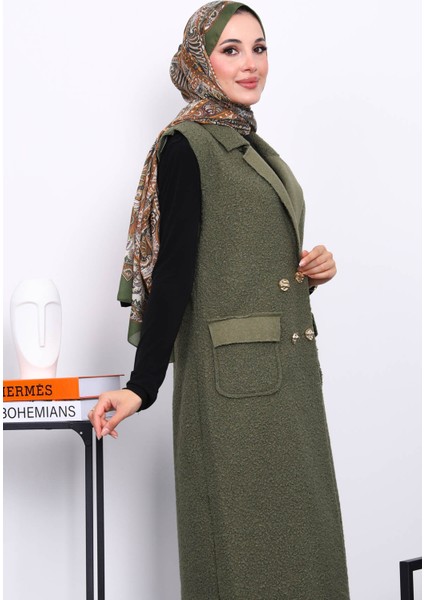 Haki Düğmeli Uzun Buklet Yelek modelleri