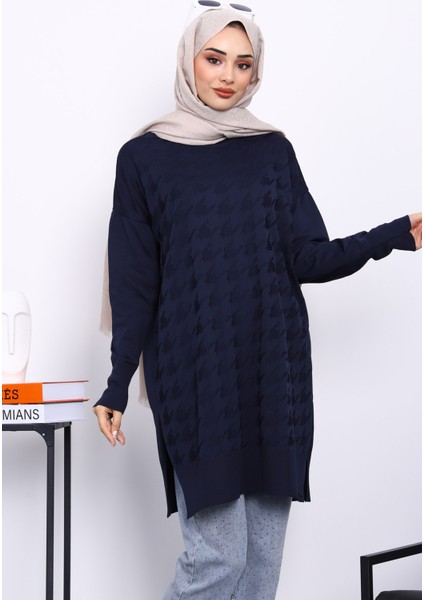 Lacivert Kazayağı Desenli Soğuk Iplik Triko Tunik