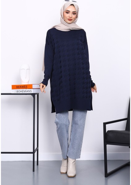 Lacivert Kazayağı Desenli Soğuk Iplik Triko Tunik fiyatları