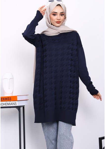 Lacivert Kazayağı Desenli Soğuk Iplik Triko Tunik modelleri